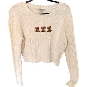 Cream Cable Knit Sweater with Bear Embroidery